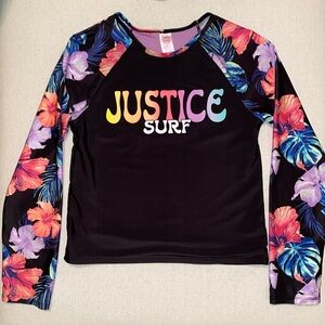 Justice Surf Rash Guard Long Sleeve Swim Shirt Black  Aloha Floral Print Size XL